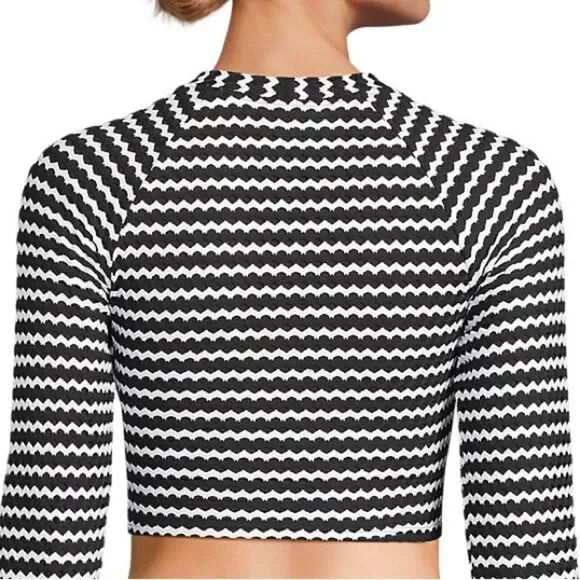 Land's End Plus Size Crochet long sleeve bikini top built-in bra black white 2X